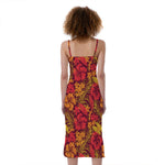 Retro Hawaiian Tropical Floral Print Slim Fit Midi Cami Dress