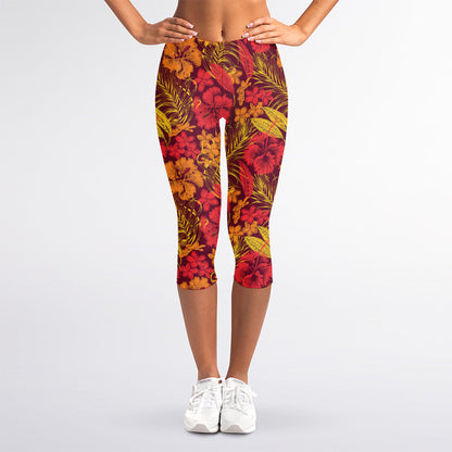 Retro Hawaiian Tropical Floral Print Women's Capri Leggings