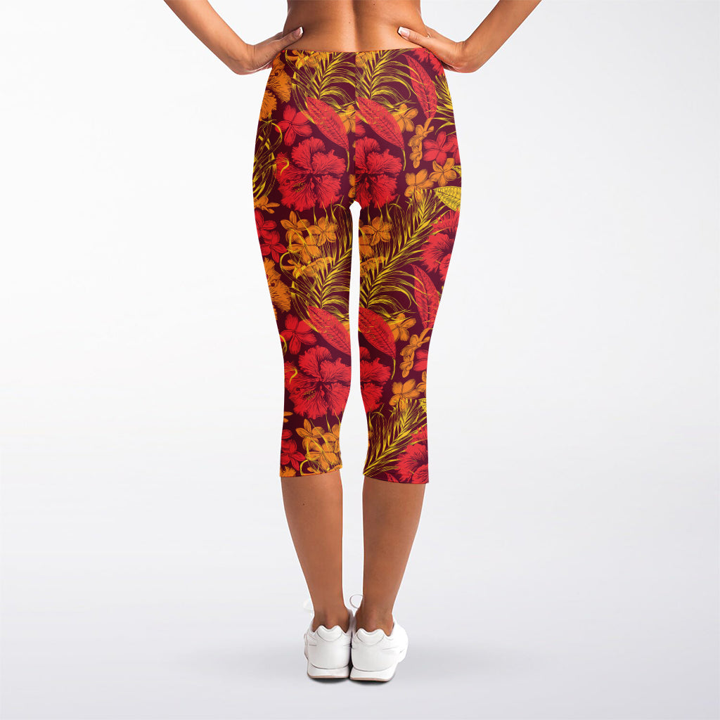 Retro Hawaiian Tropical Floral Print Women's Capri Leggings