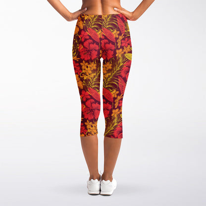 Retro Hawaiian Tropical Floral Print Women's Capri Leggings