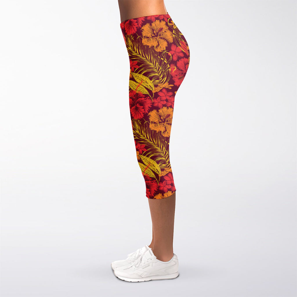 Retro Hawaiian Tropical Floral Print Women's Capri Leggings