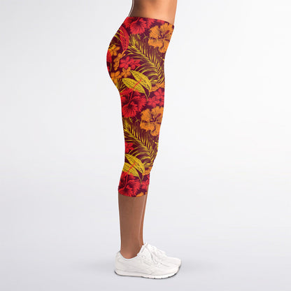 Retro Hawaiian Tropical Floral Print Women's Capri Leggings