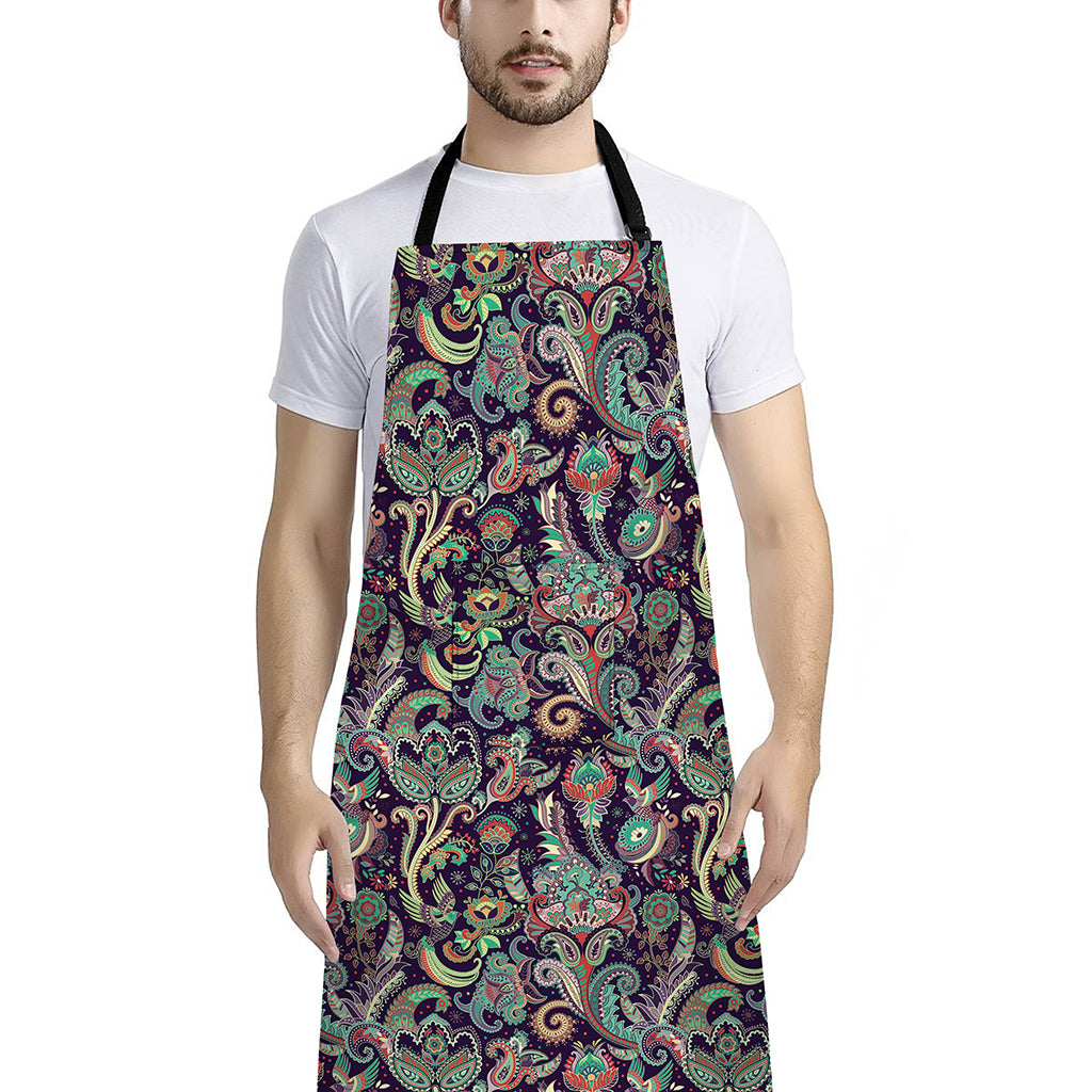 Retro Indian Paisley Pattern Print Bib Apron With Pocket