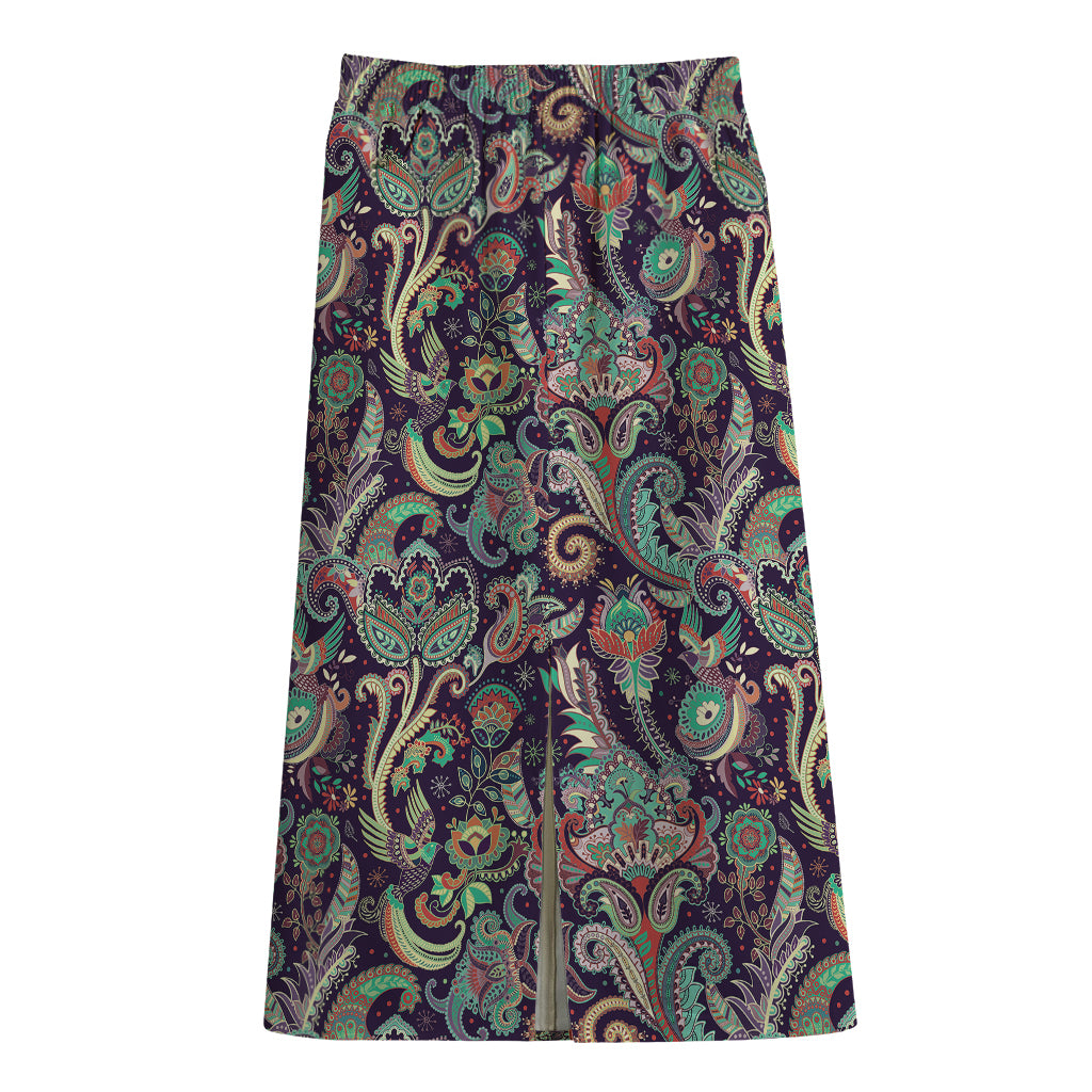 Retro Indian Paisley Pattern Print Cotton Front Slit Maxi Skirt