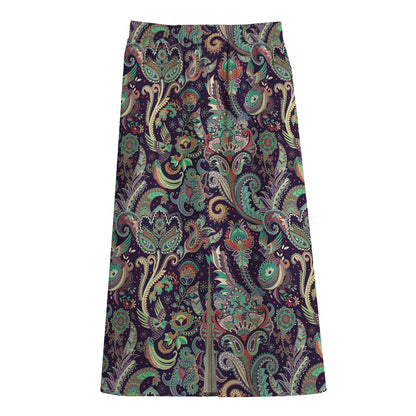 Retro Indian Paisley Pattern Print Cotton Front Slit Maxi Skirt