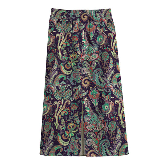 Retro Indian Paisley Pattern Print Cotton Front Slit Maxi Skirt