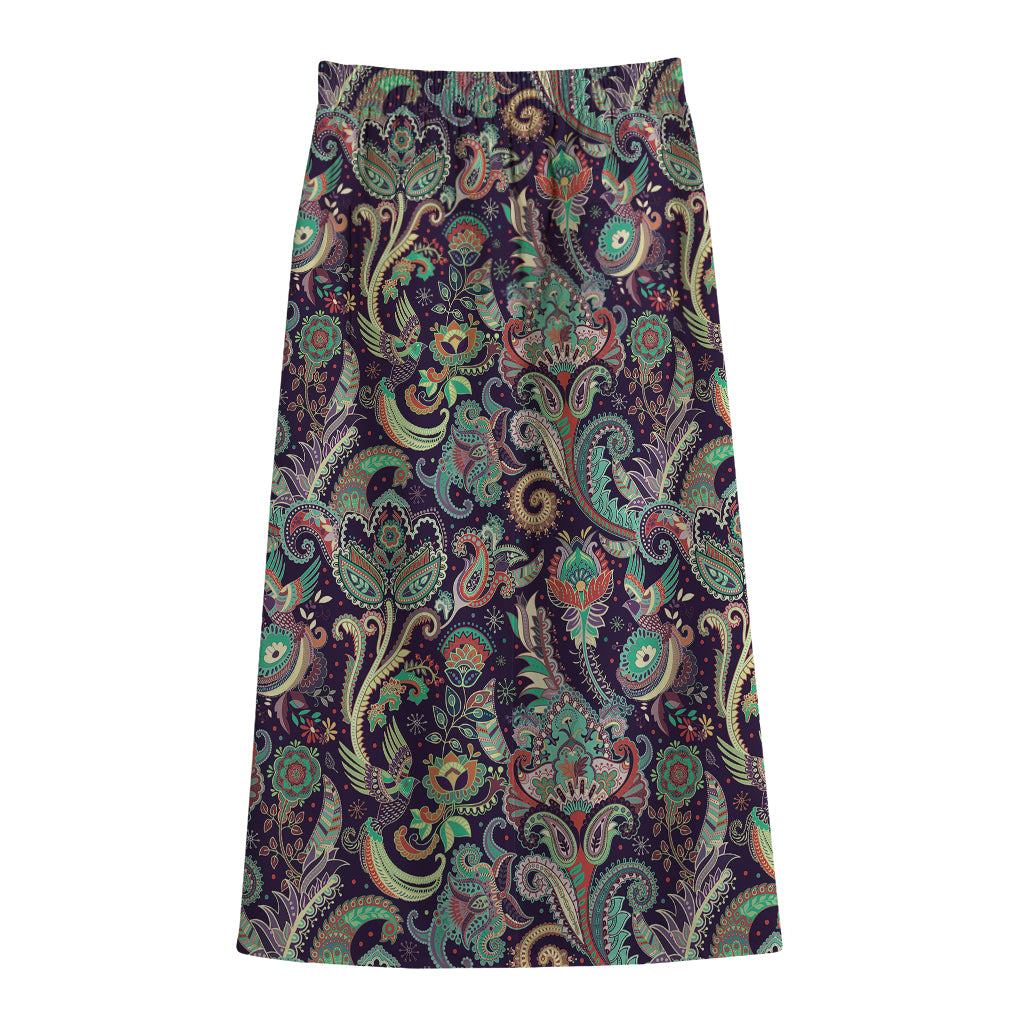 Retro Indian Paisley Pattern Print Cotton Front Slit Maxi Skirt