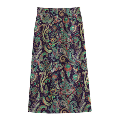Retro Indian Paisley Pattern Print Cotton Front Slit Maxi Skirt