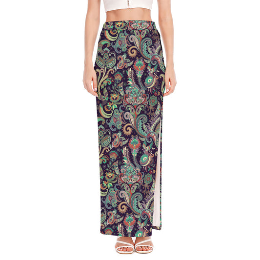 Retro Indian Paisley Pattern Print High Slit Maxi Skirt