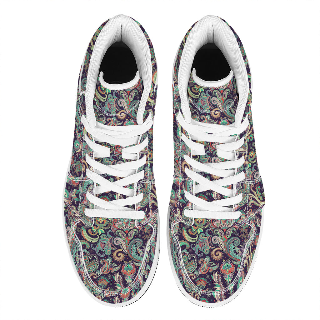 Retro Indian Paisley Pattern Print High Top Leather Sneakers