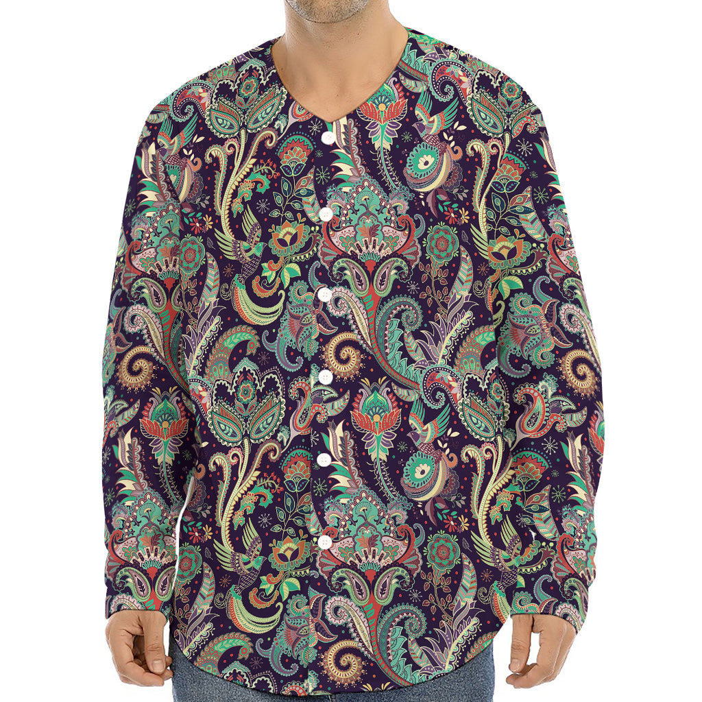 Retro Indian Paisley Pattern Print Long Sleeve Baseball Jersey