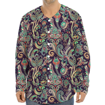 Retro Indian Paisley Pattern Print Long Sleeve Baseball Jersey