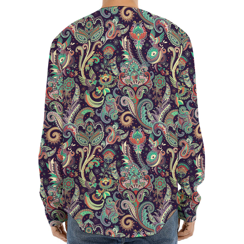 Retro Indian Paisley Pattern Print Long Sleeve Baseball Jersey