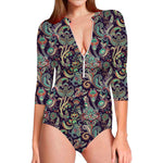 Retro Indian Paisley Pattern Print Long Sleeve Swimsuit