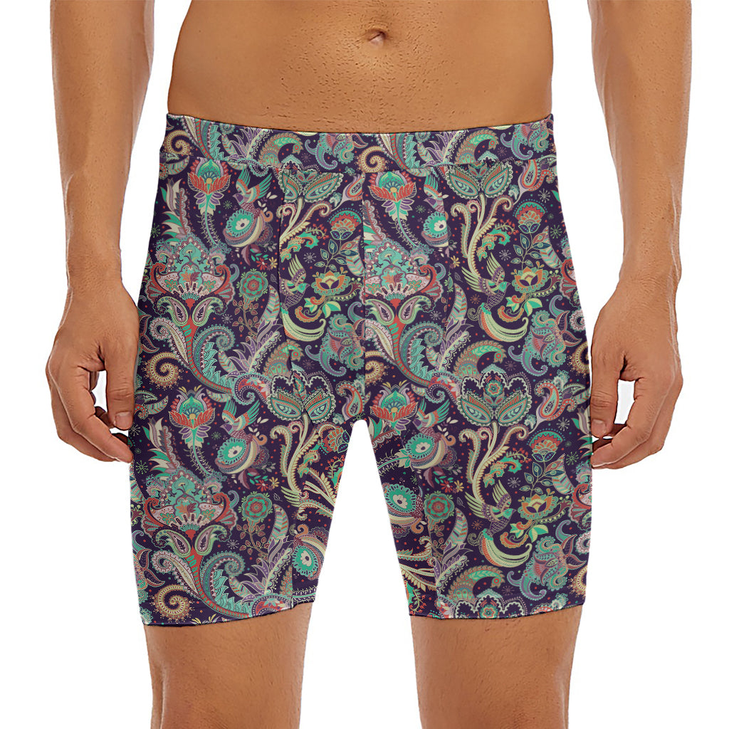 Retro Indian Paisley Pattern Print Men's Long Boxer Briefs