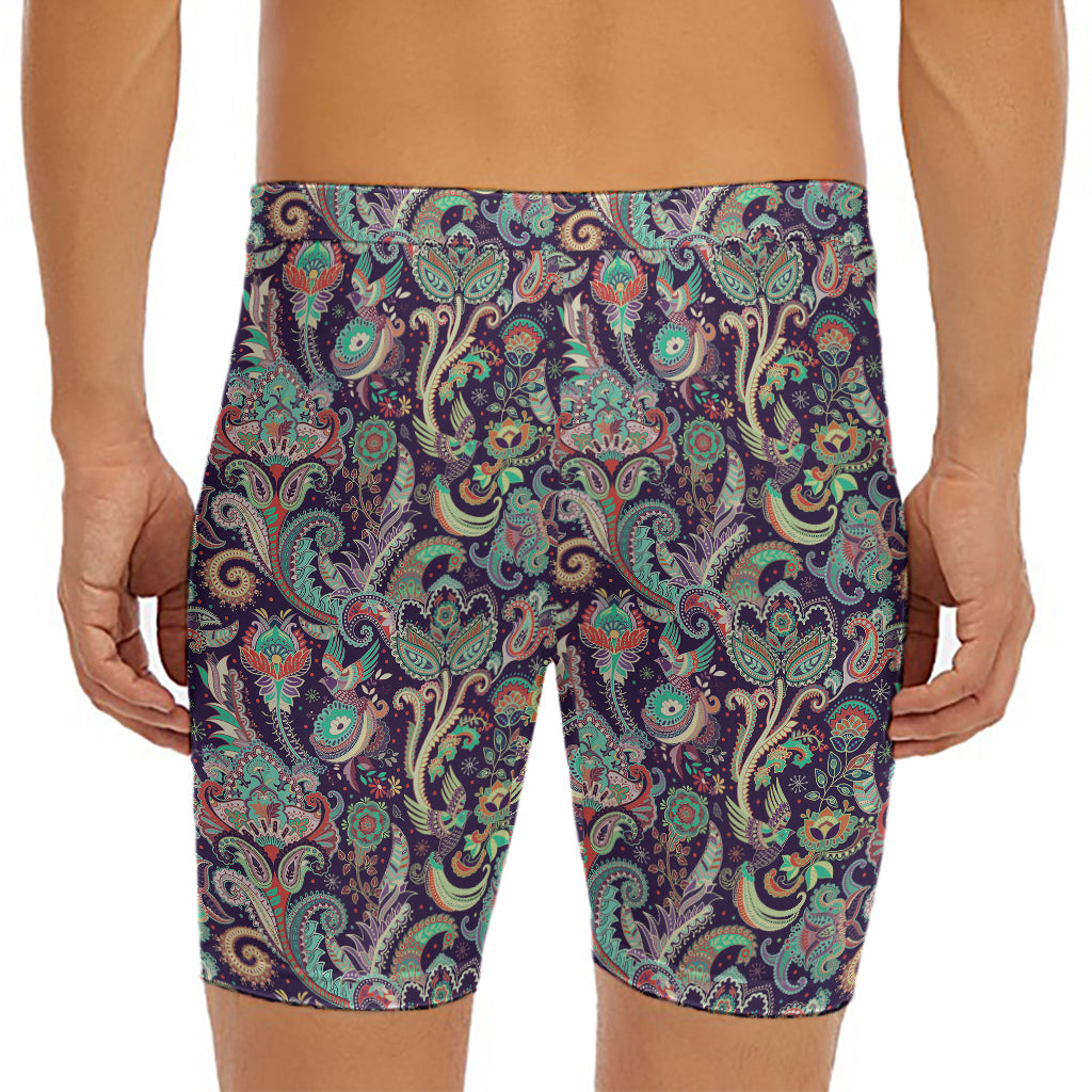 Retro Indian Paisley Pattern Print Men's Long Boxer Briefs