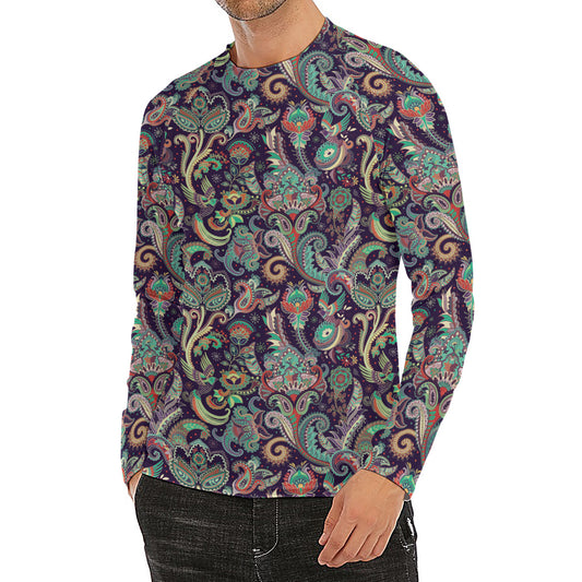 Retro Indian Paisley Pattern Print Men's Long Sleeve Rash Guard