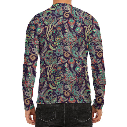Retro Indian Paisley Pattern Print Men's Long Sleeve Rash Guard