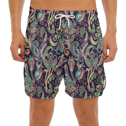Retro Indian Paisley Pattern Print Men's Split Running Shorts