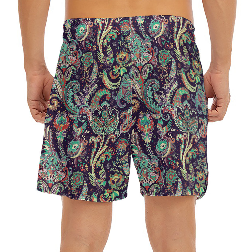Retro Indian Paisley Pattern Print Men's Split Running Shorts