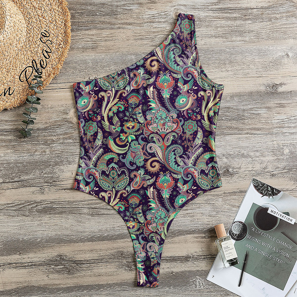 Retro Indian Paisley Pattern Print One Shoulder Bodysuit
