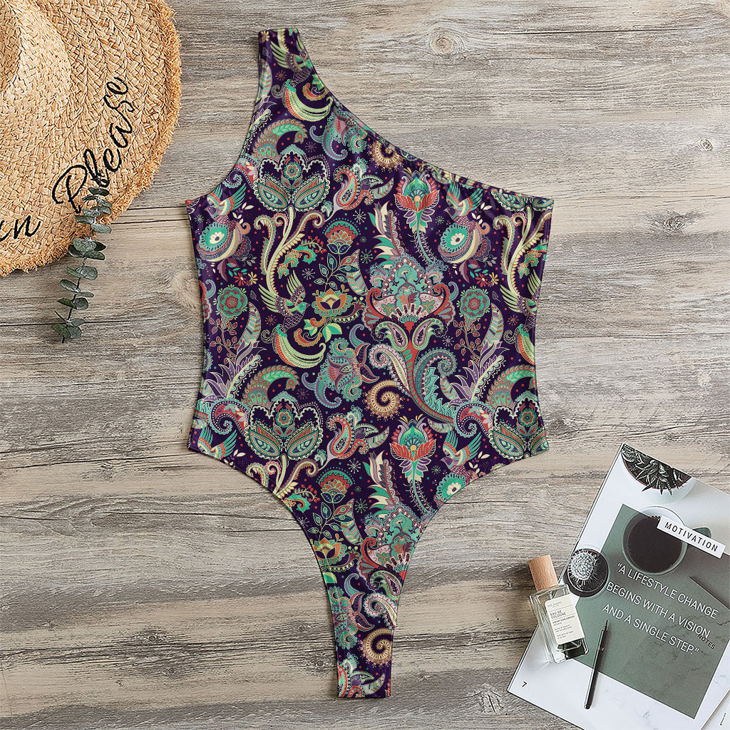 Retro Indian Paisley Pattern Print One Shoulder Bodysuit