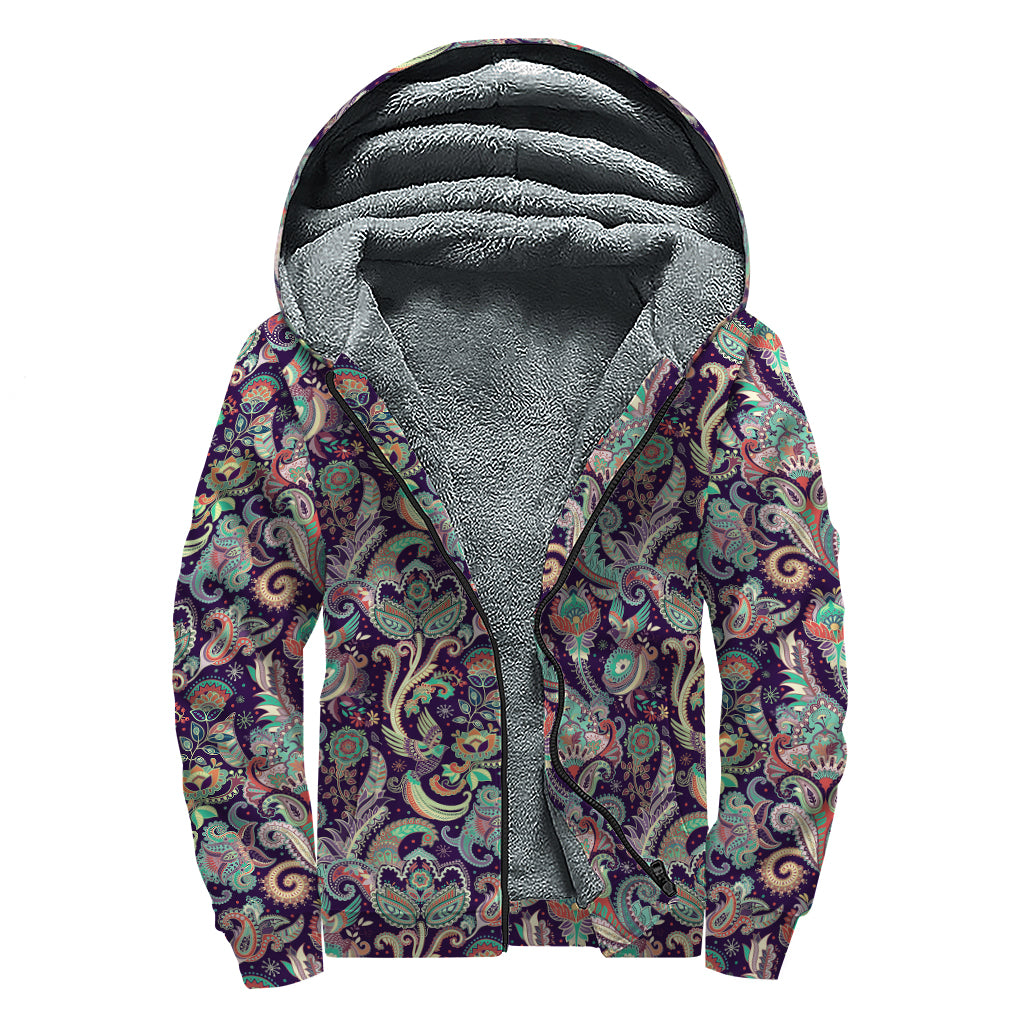 Retro Indian Paisley Pattern Print Sherpa Lined Zip Up Hoodie