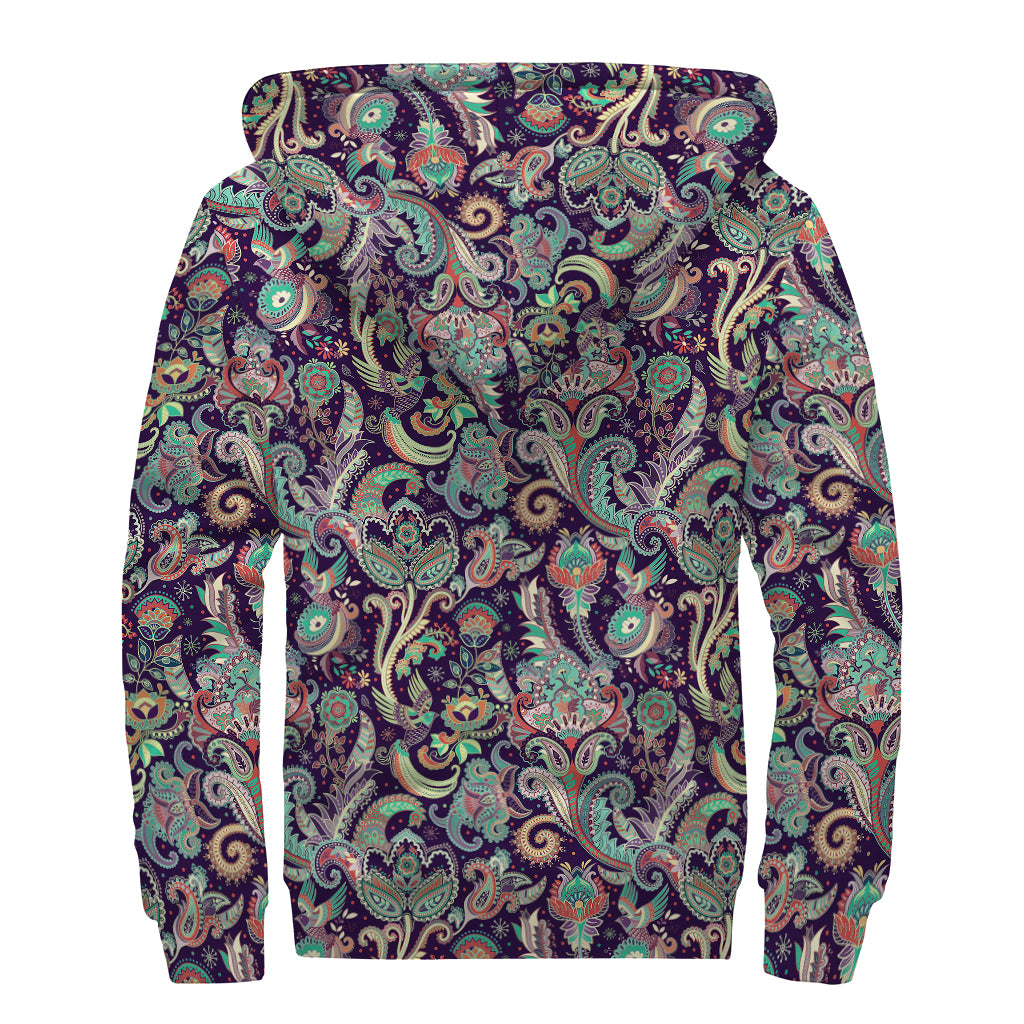 Retro Indian Paisley Pattern Print Sherpa Lined Zip Up Hoodie