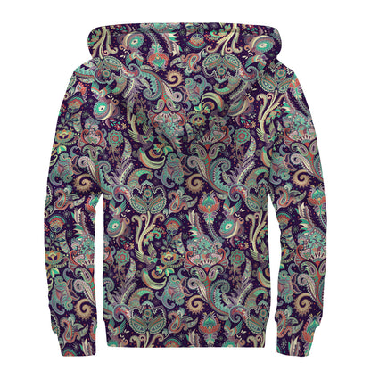 Retro Indian Paisley Pattern Print Sherpa Lined Zip Up Hoodie