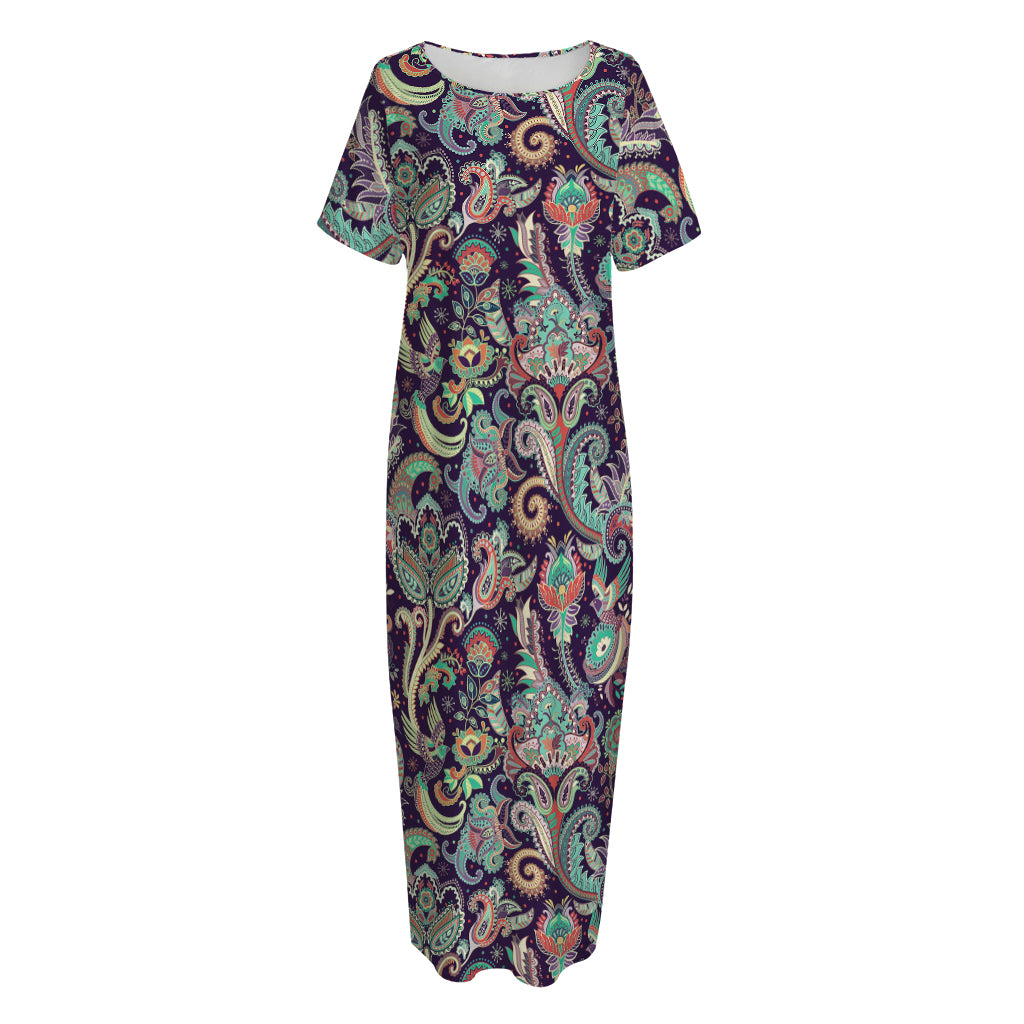 Retro Indian Paisley Pattern Print Short Sleeve Long Nightdress