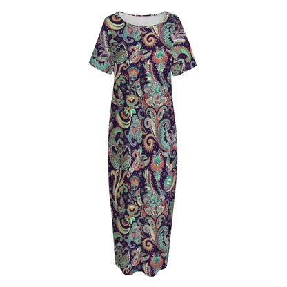 Retro Indian Paisley Pattern Print Short Sleeve Long Nightdress