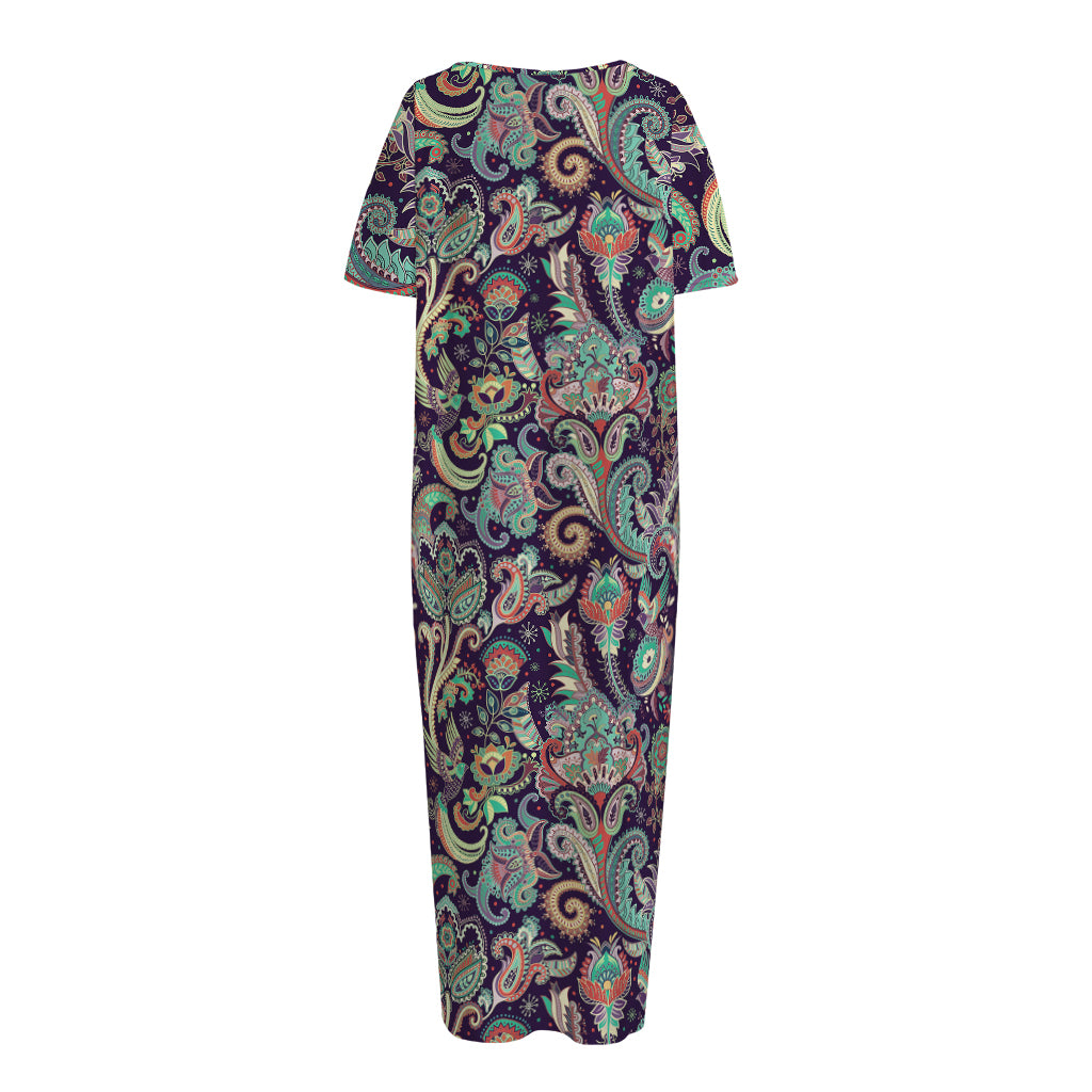 Retro Indian Paisley Pattern Print Short Sleeve Long Nightdress