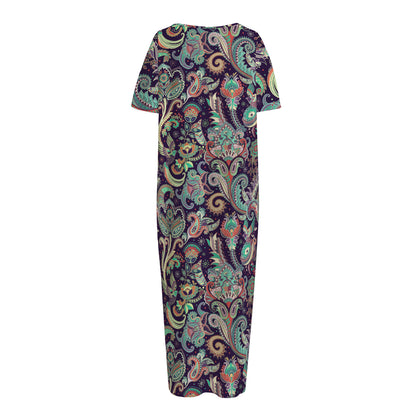 Retro Indian Paisley Pattern Print Short Sleeve Long Nightdress
