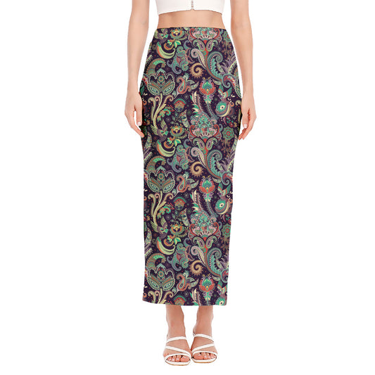 Retro Indian Paisley Pattern Print Side Slit Maxi Skirt