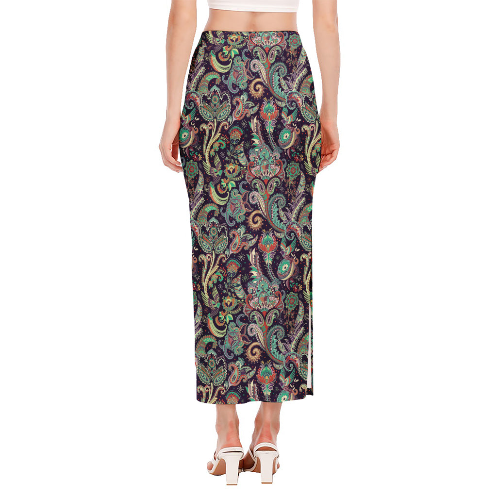 Retro Indian Paisley Pattern Print Side Slit Maxi Skirt