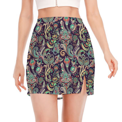 Retro Indian Paisley Pattern Print Side Slit Mini Skirt