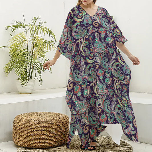 Retro Indian Paisley Pattern Print Silk V-Neck Kaftan Dress