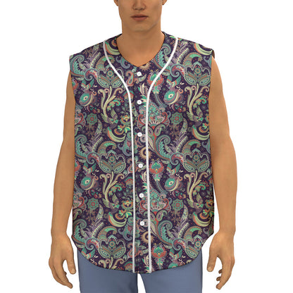Retro Indian Paisley Pattern Print Sleeveless Baseball Jersey