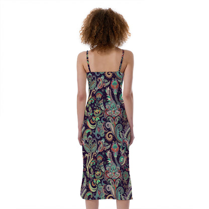 Retro Indian Paisley Pattern Print Slim Fit Midi Cami Dress