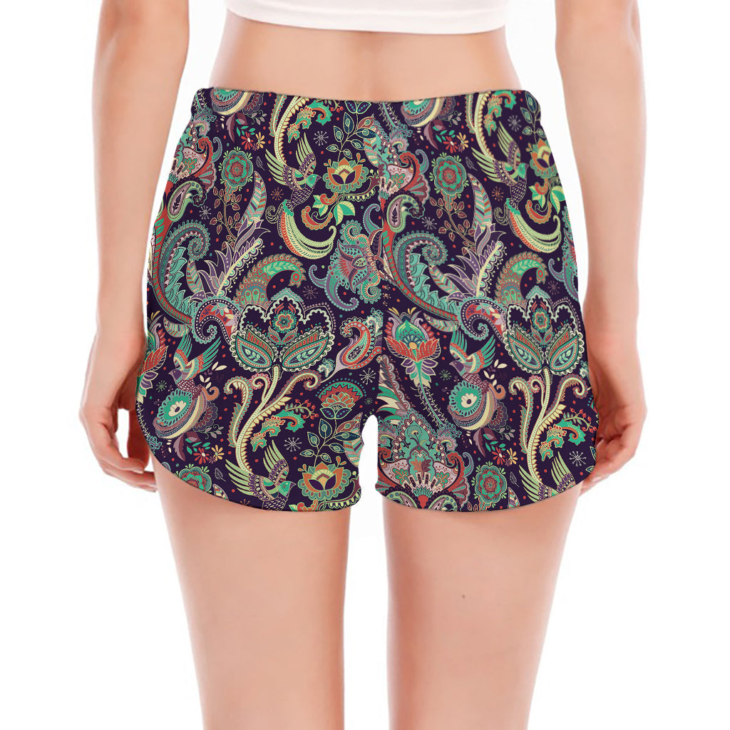 Retro Indian Paisley Pattern Print Women's Split Running Shorts