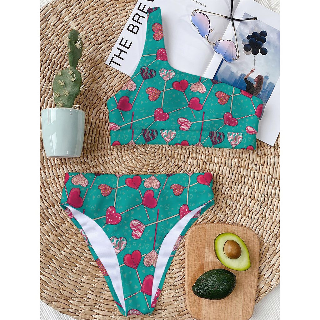 Retro Lollipop Pattern Print One Shoulder Bikini Top