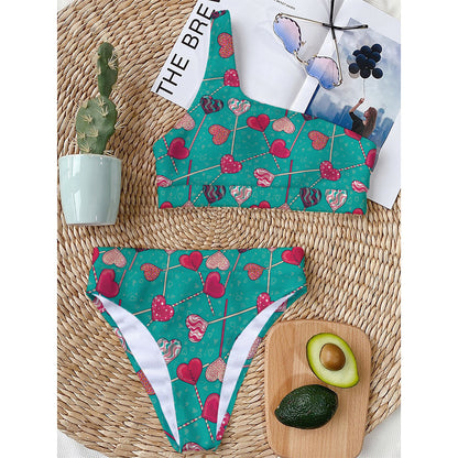 Retro Lollipop Pattern Print One Shoulder Bikini Top