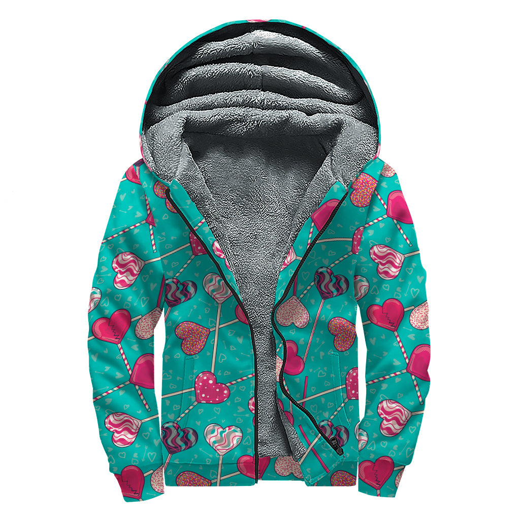 Retro Lollipop Pattern Print Sherpa Lined Zip Up Hoodie