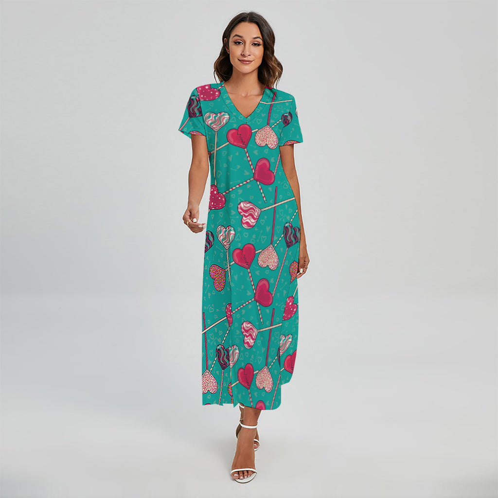 Retro Lollipop Pattern Print Short Sleeve Maxi Dress
