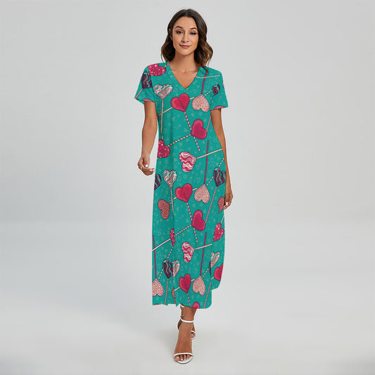 Retro Lollipop Pattern Print Short Sleeve Maxi Dress