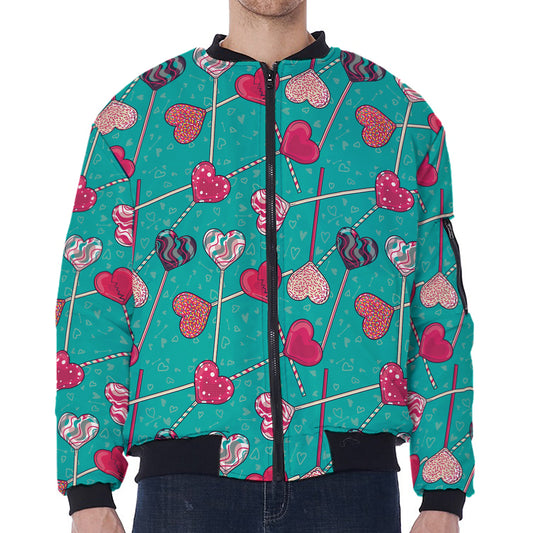 Retro Lollipop Pattern Print Zip Sleeve Bomber Jacket