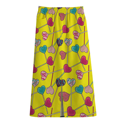 Retro Lollipop Print Cotton Front Slit Maxi Skirt