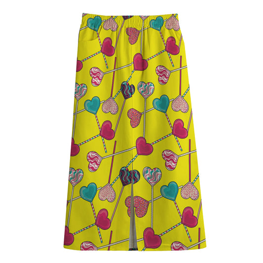 Retro Lollipop Print Cotton Front Slit Maxi Skirt