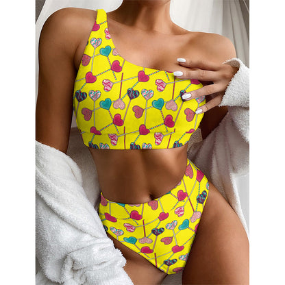 Retro Lollipop Print One Shoulder Bikini Top