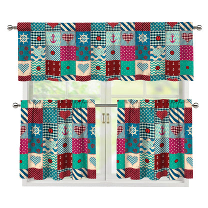 Retro Nautical Patchwork Pattern Print 3 Piece Kitchen Curtains